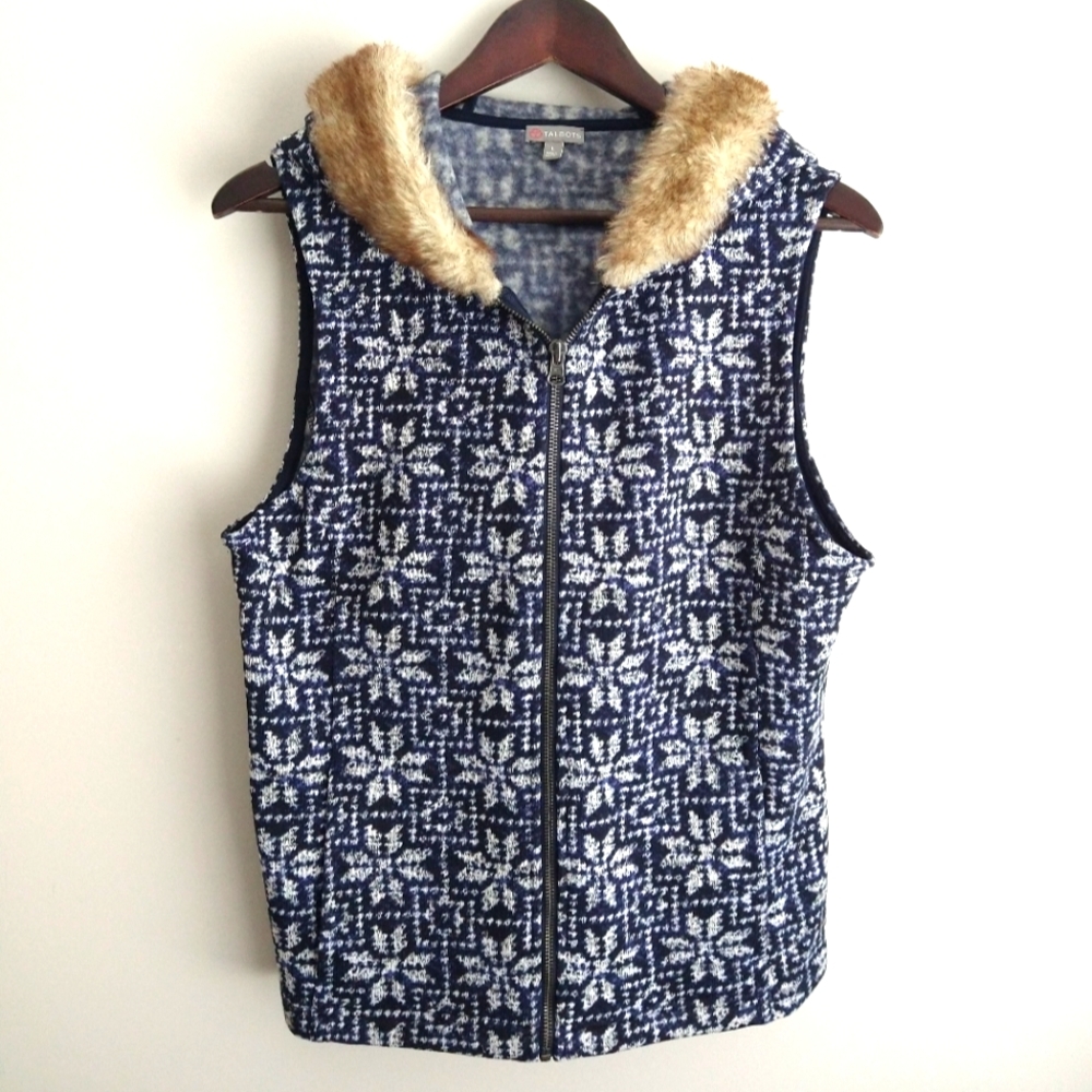 Talbot's Large Sweater Vest with Faux Fur Hair Collar Fair Isle